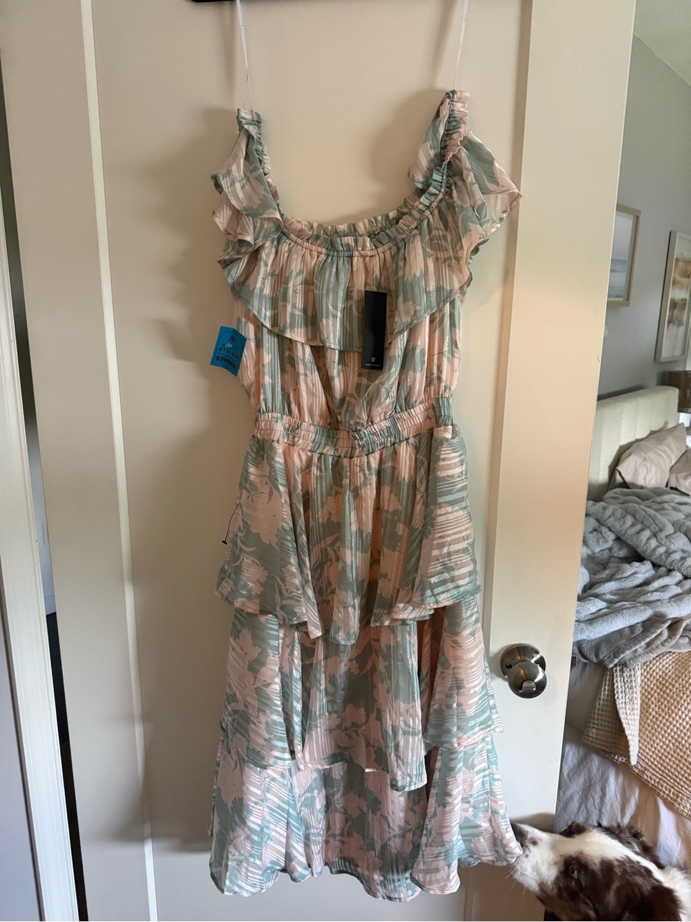 Lulu's Garden Glam Teal Floral print off the shoulder tiered midi dress Size Med - Picture 4 of 5